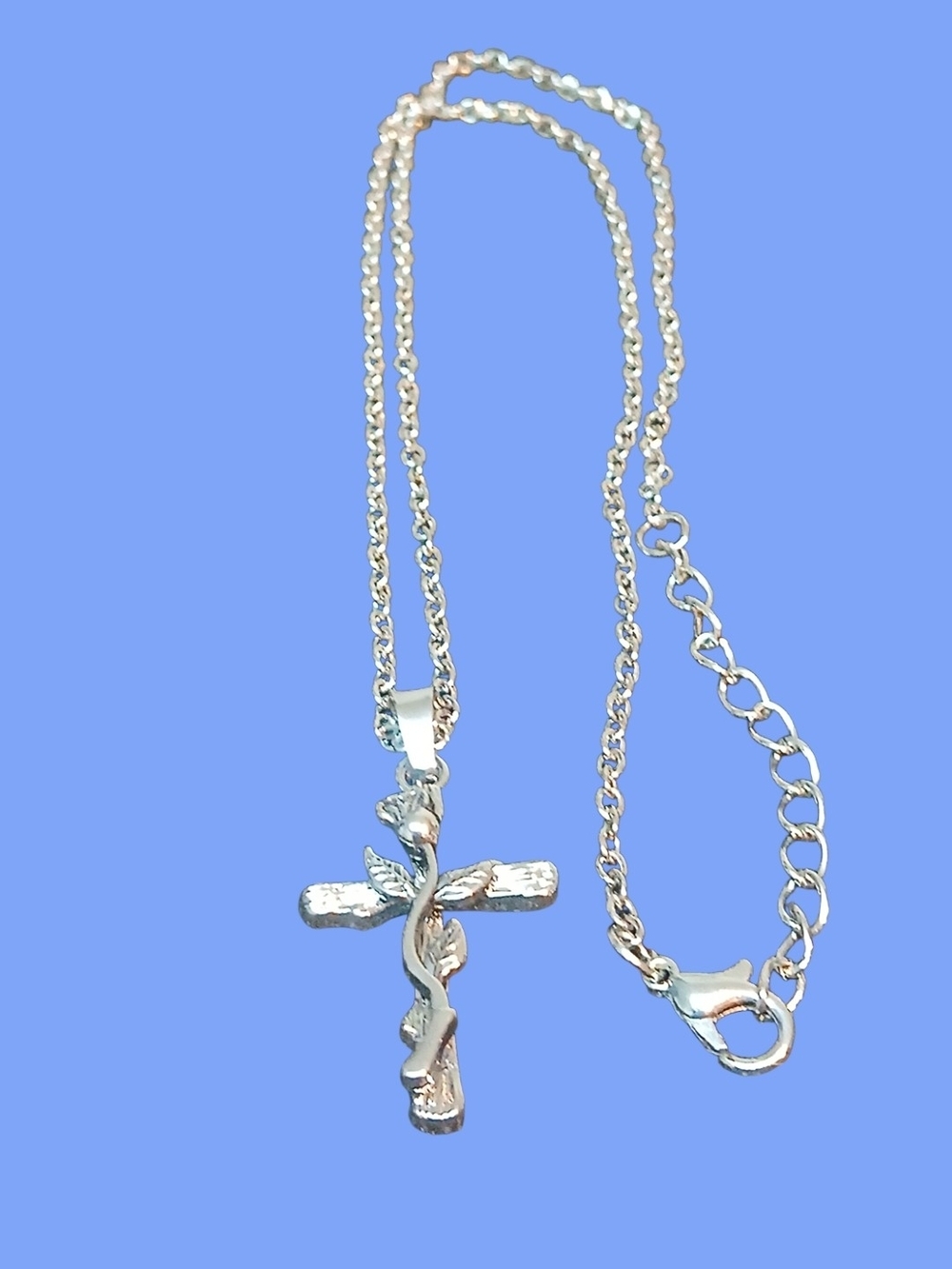 Access Christian Apparel - Silver Colored Rose on Silver Cross, Adjustable...